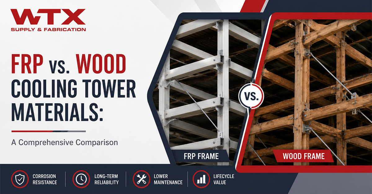 Comparison of FRP and wood cooling tower structural frames showing durability, corrosion resistance, maintenance requirements, and lifecycle value differences.